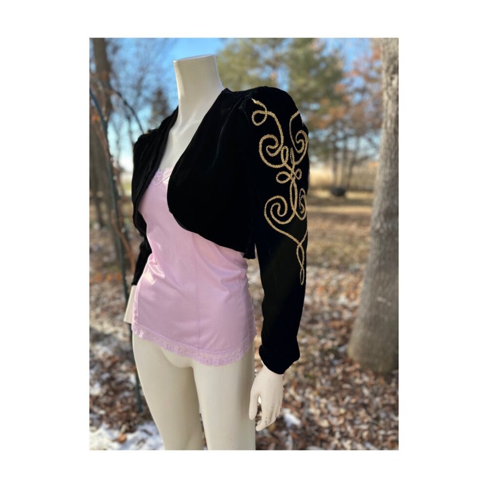 80s Black Crushed Velvet Crop Jacket Gold Soutache Braid Sleeve Detail Open